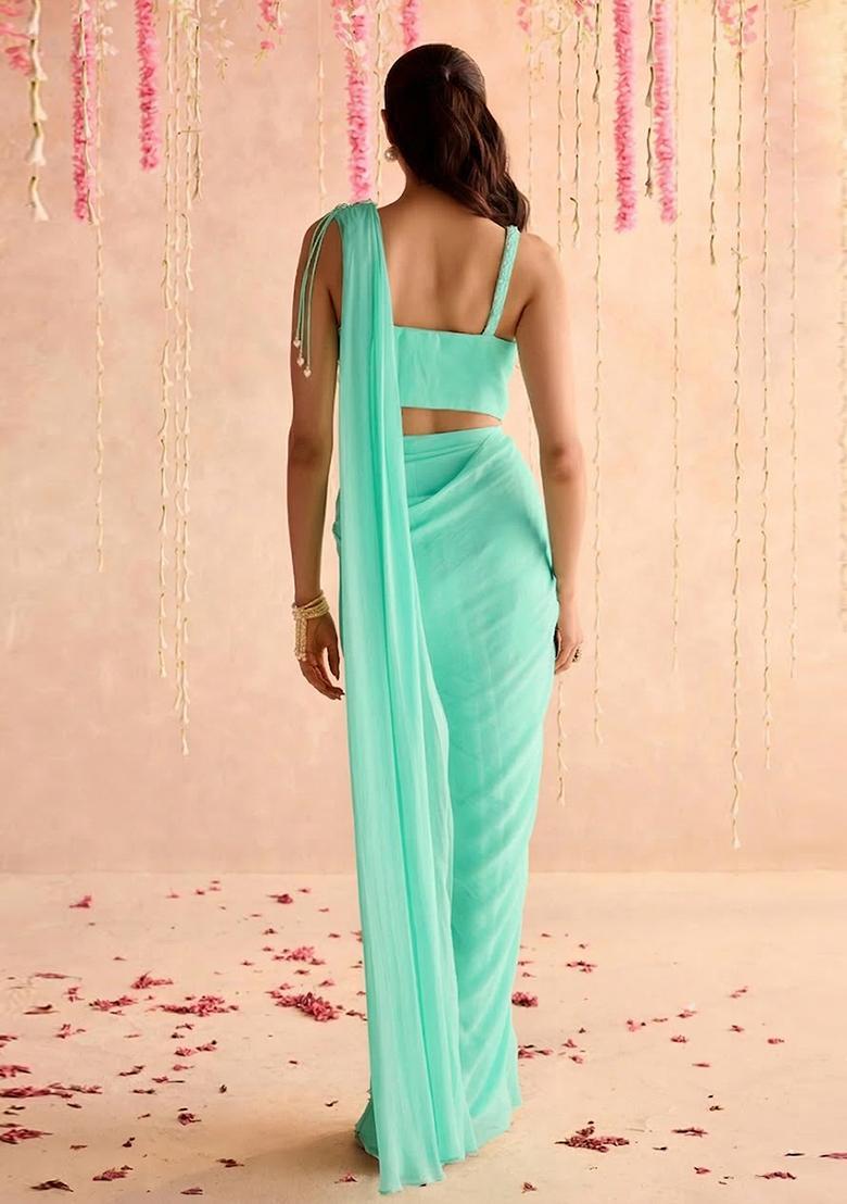 Turquoise Blue Hand Work Georgette Pre Draped Saree Set - Indya