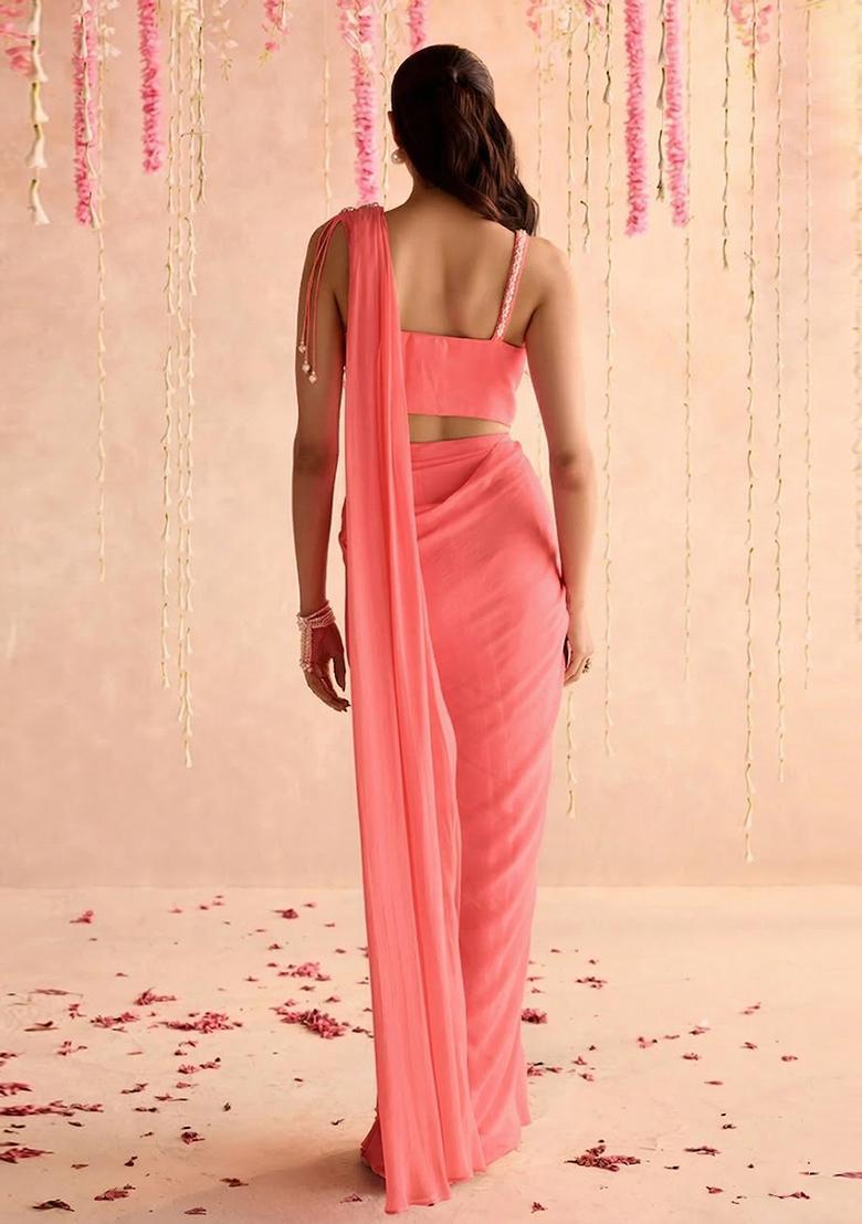 Peach Hand Work Georgette Pre Draped Saree Set - Indya