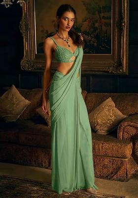 Pastel Green Hand Work Crepe Pre Draped Saree Set