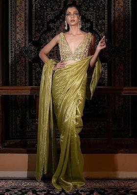 Gold Hand Work Silk Blend Pre Draped Saree Set