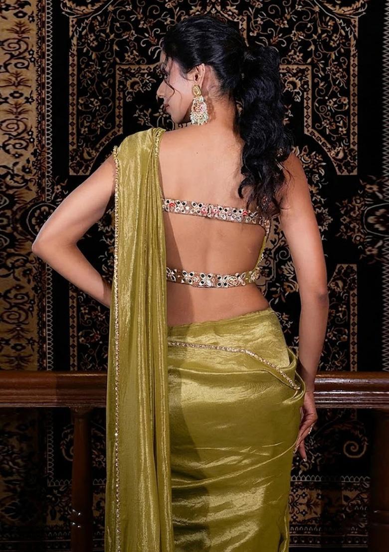Gold Hand Work Silk Blend Pre Draped Saree Set - Indya