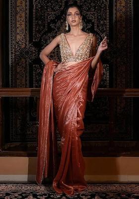 Brown Hand Work Silk Blend Pre Draped Saree Set