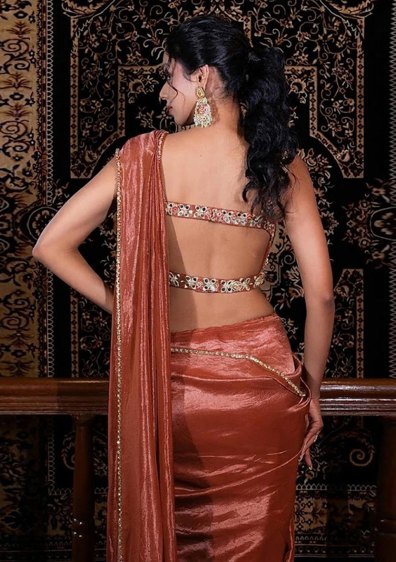 Brown Hand Work Silk Blend Pre Draped Saree Set - Indya