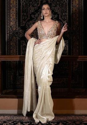 Ivory Hand Work Silk Blend Pre Draped Saree Set