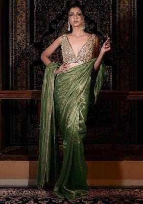 Sage Green Hand Work Silk Blend Pre Draped Saree Set