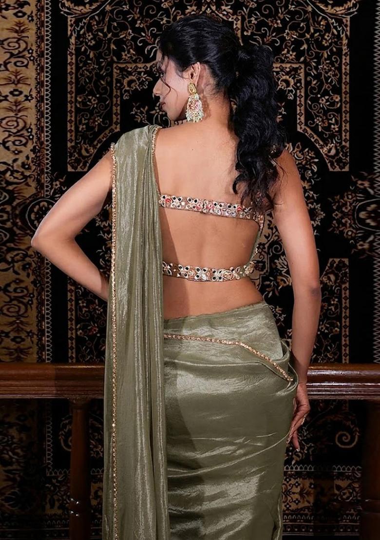 Sage Green Hand Work Silk Blend Pre Draped Saree Set - Indya