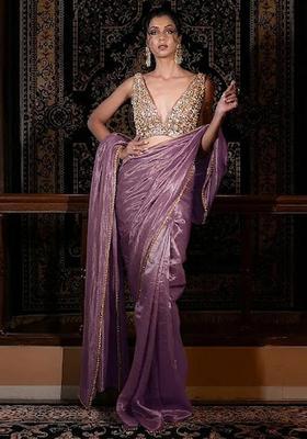 Purple Hand Work Silk Blend Pre Draped Saree Set