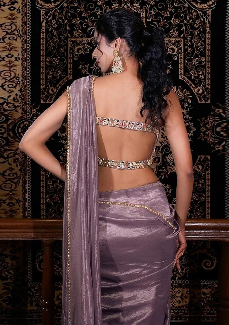 Purple Hand Work Silk Blend Pre Draped Saree Set - Indya
