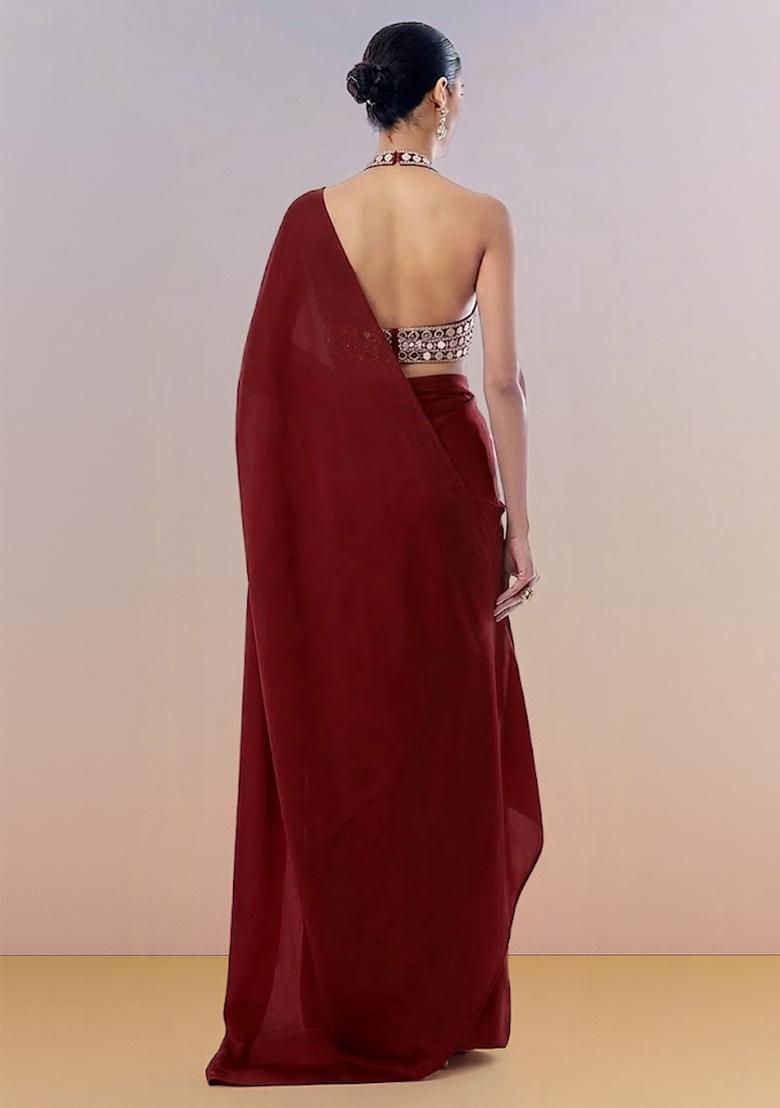 Wine Red Hand Work Georgette Pre Draped Saree Set - Indya