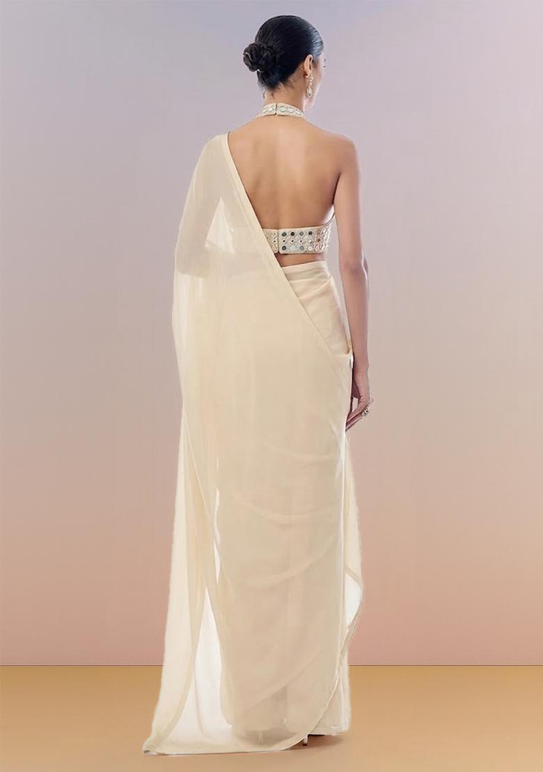 Cream Hand Work Georgette Pre Draped Saree Set - Indya