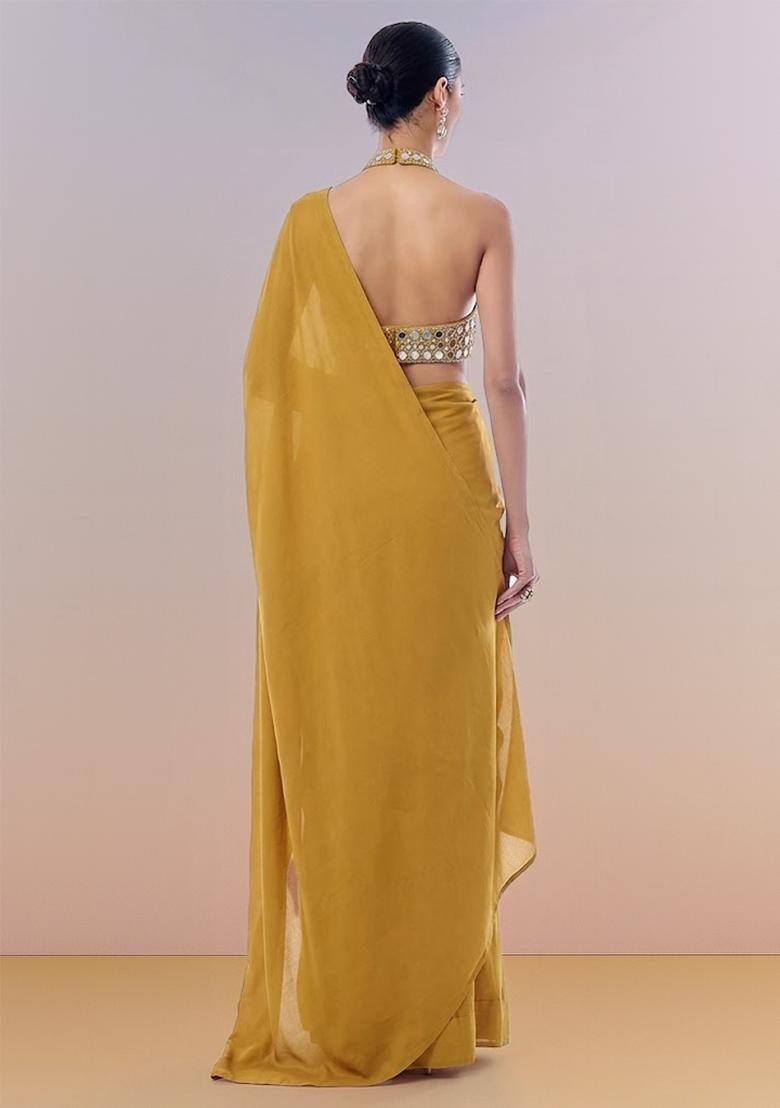 Mustard Hand Work Georgette Pre Draped Saree Set - Indya