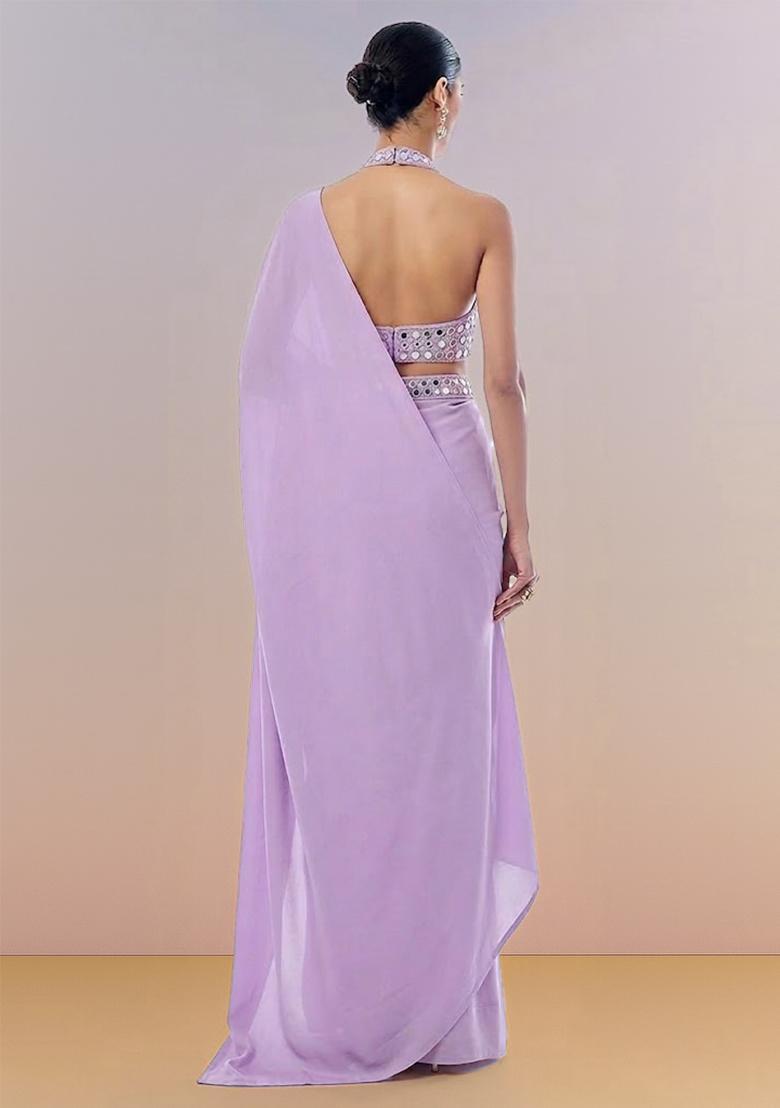 Lilac Hand Work Georgette Pre Draped Saree Set - Indya