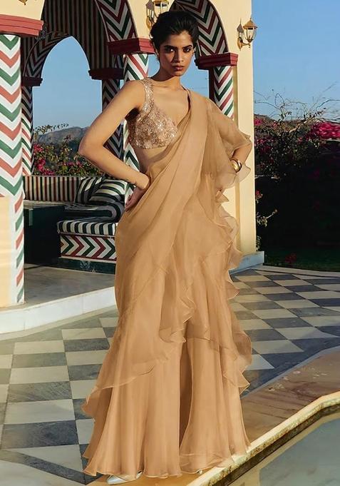 Champagne Gold Hand Work Organza Fusion Set