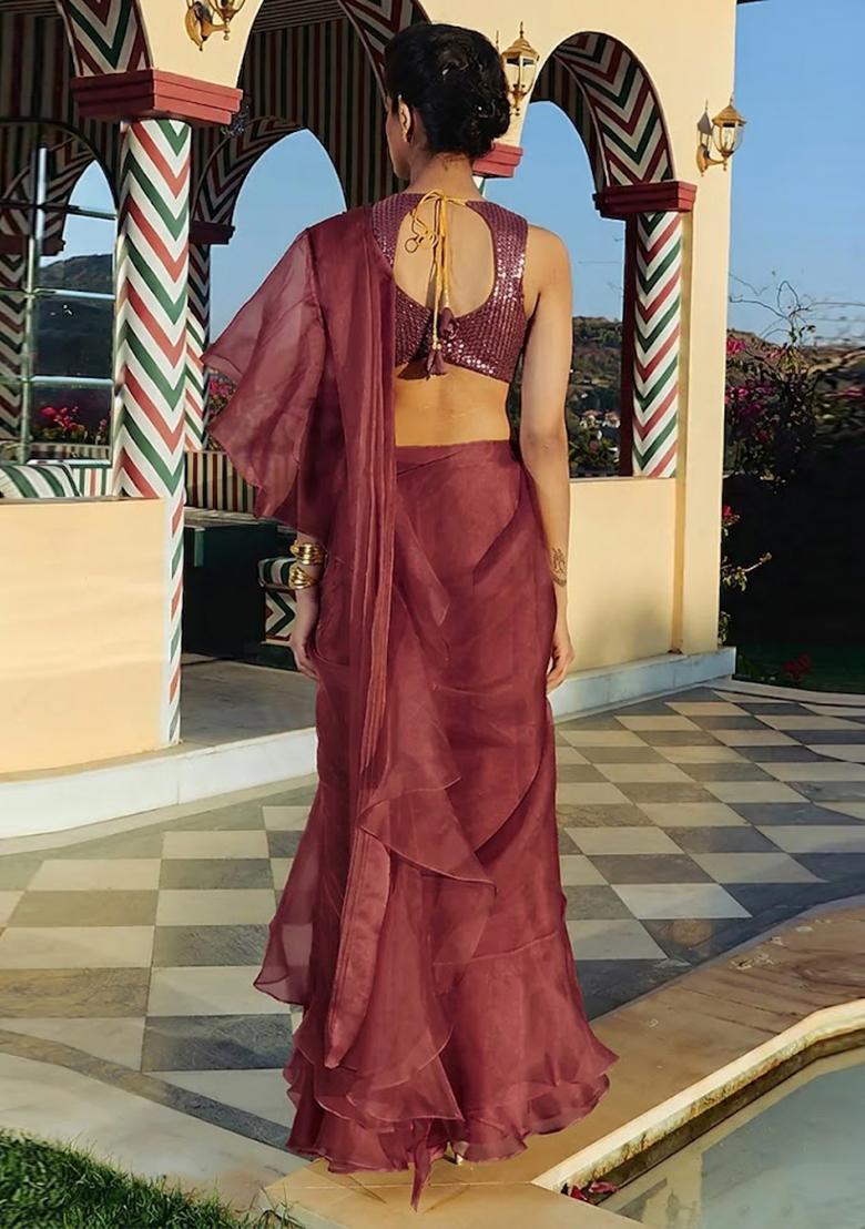 Dusty Rose Hand Work Organza Fusion Set - Indya