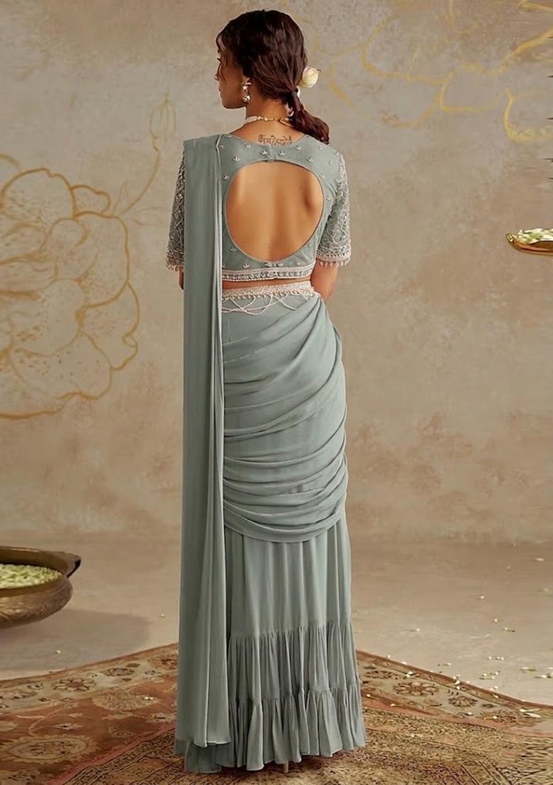 Sage Green Hand Work Georgette Pre Draped Saree Set - Indya
