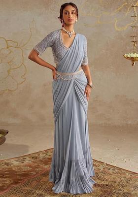 Powder Blue Hand Work Georgette Pre Draped Saree Set