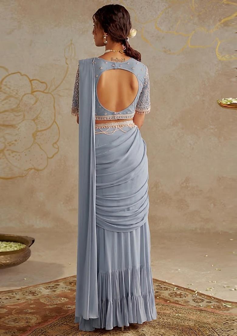 Powder Blue Hand Work Georgette Pre Draped Saree Set - Indya