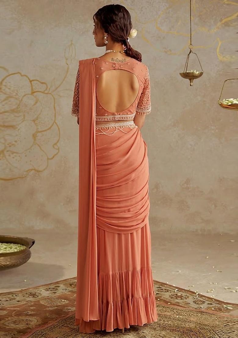 Rust Hand Work Georgette Pre Draped Saree Set - Indya