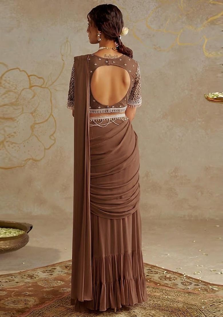 Brown Hand Work Georgette Pre Draped Saree Set - Indya