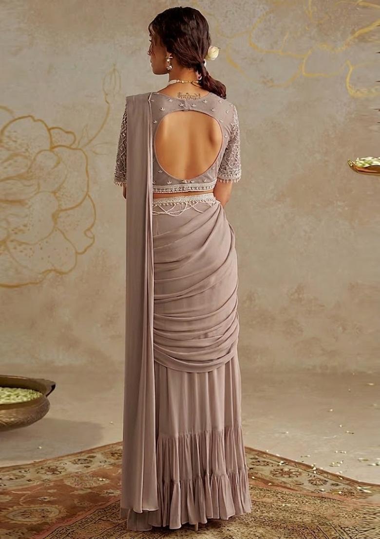Grey Hand Work Georgette Pre Draped Saree Set - Indya