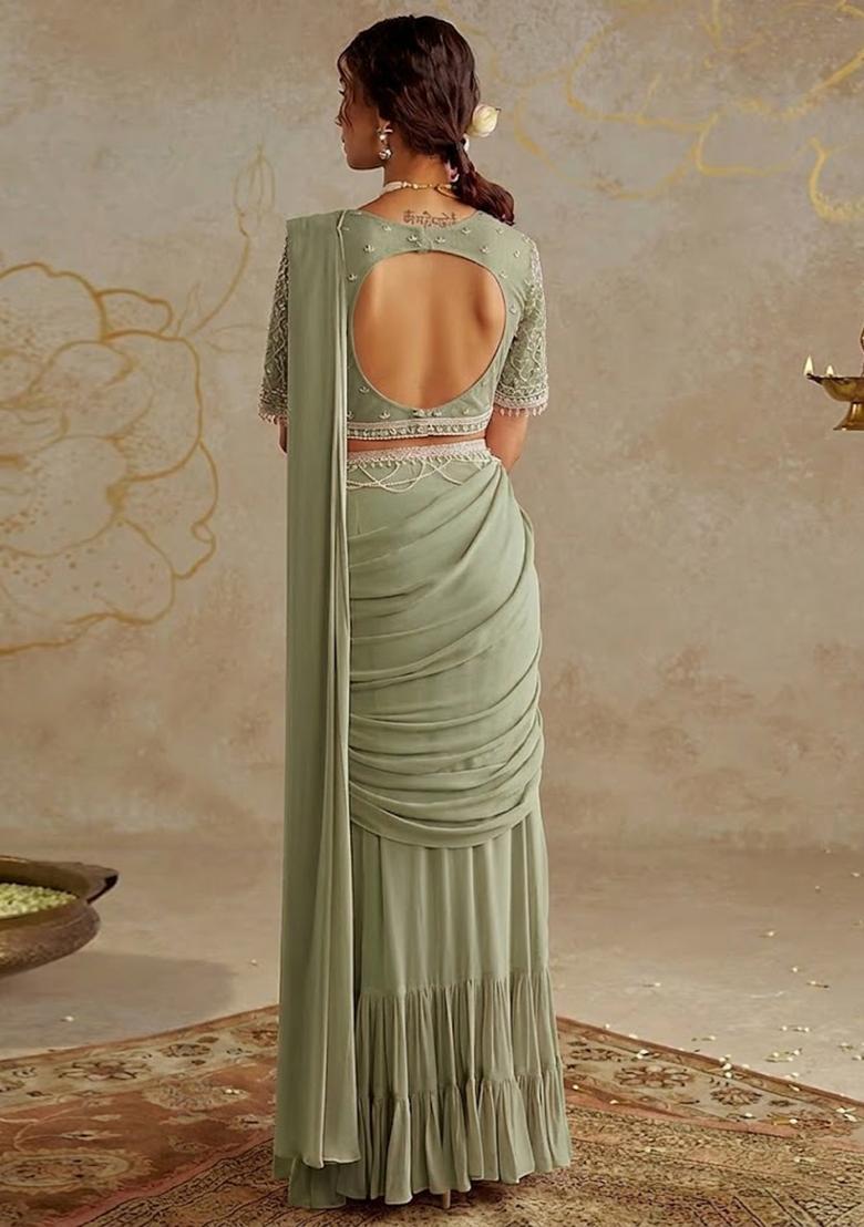 Mist Green Hand Work Georgette Pre Draped Saree Set - Indya