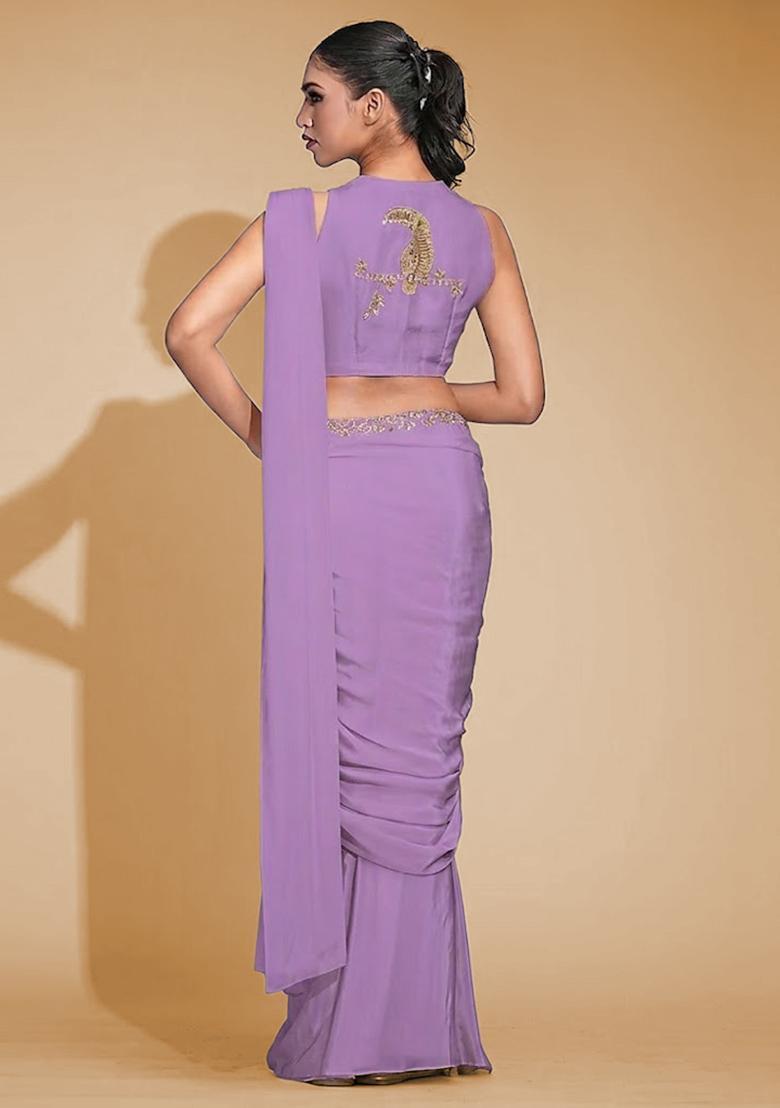 Lilac Purple Hand Work Crepe Pre Draped Saree Set - Indya
