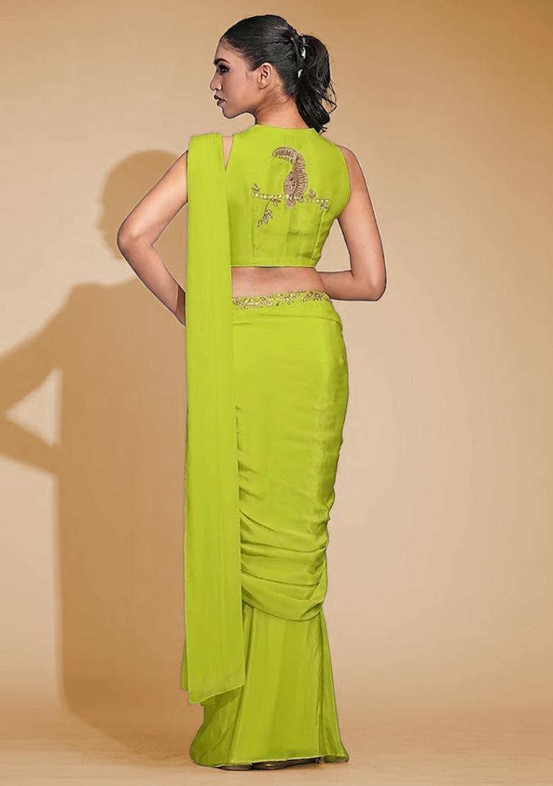 Lime Green Hand Work Crepe Pre Draped Saree Set - Indya