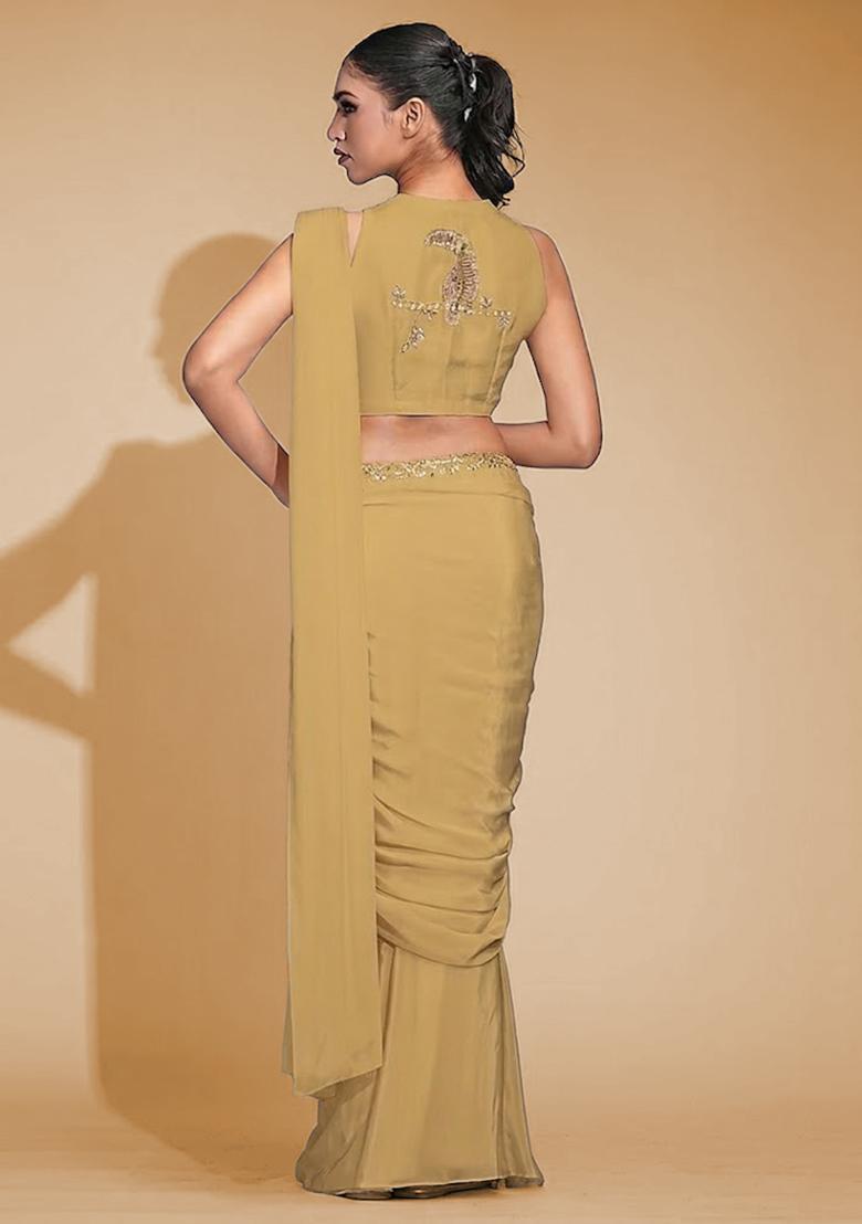 Beige Hand Work Crepe Pre Draped Saree Set - Indya