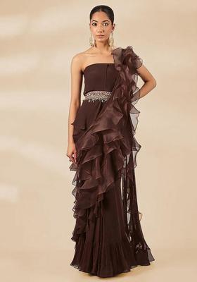 Chocolate Brown Hand Work Chiffon Pre Draped Saree Set