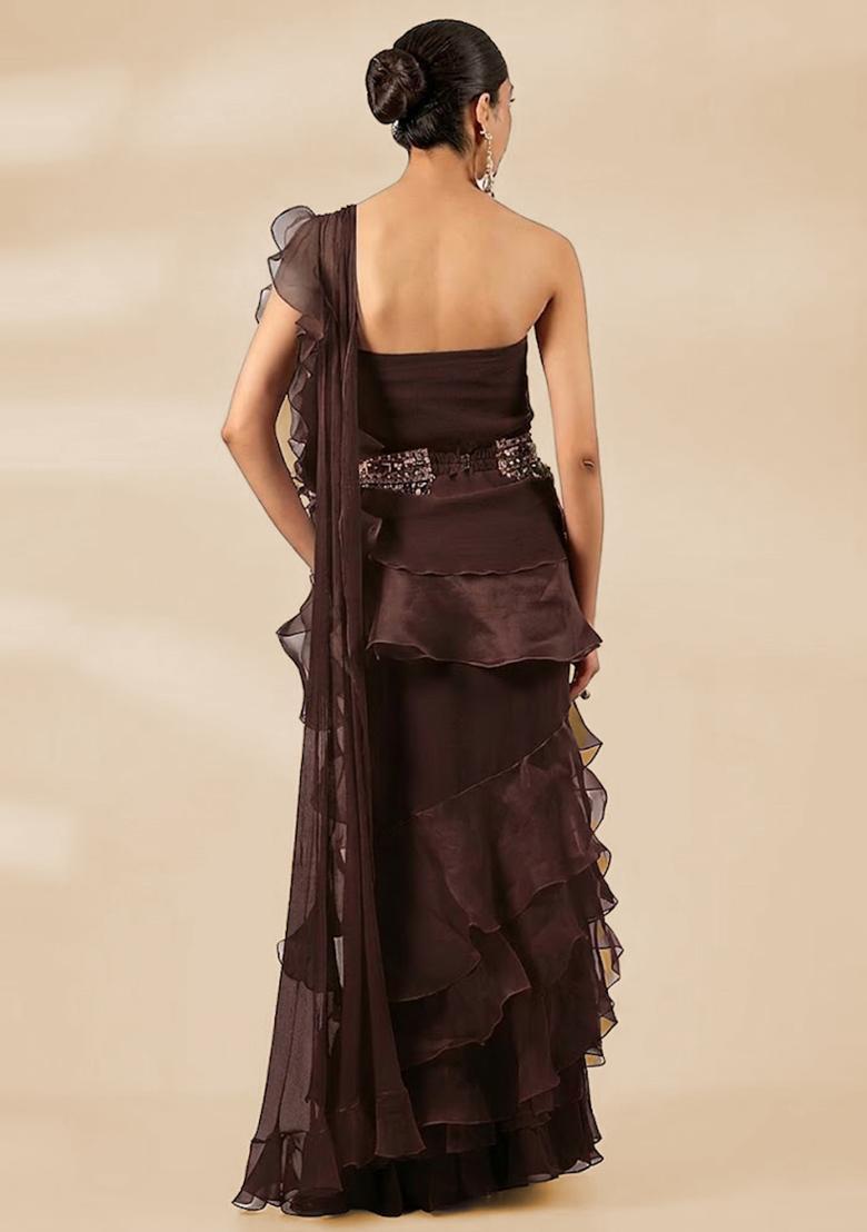 Chocolate Brown Hand Work Chiffon Pre Draped Saree Set - Indya