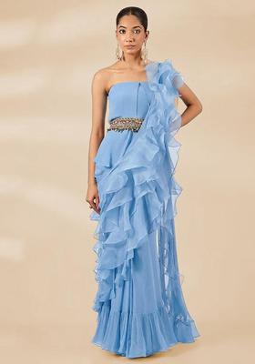 Pastel Blue Hand Work Chiffon Pre Draped Saree Set