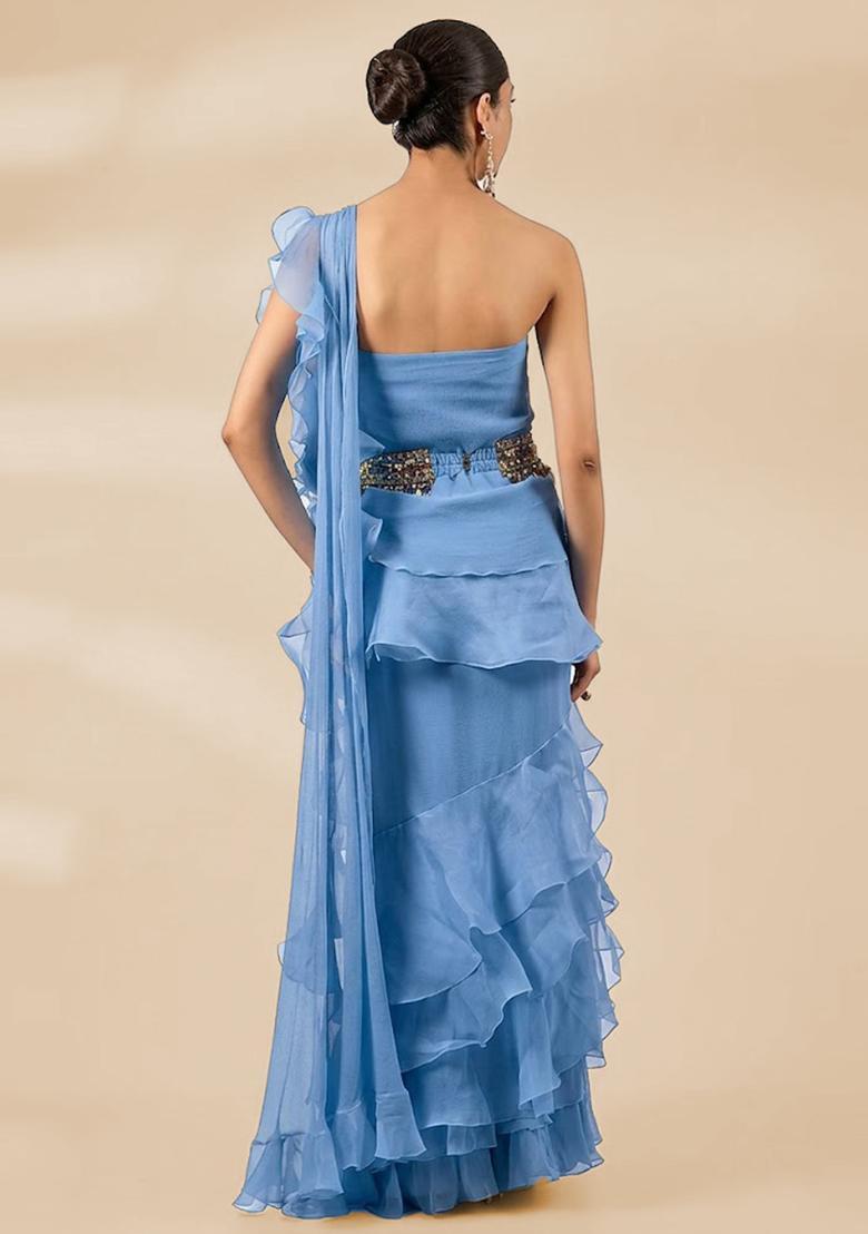 Pastel Blue Hand Work Chiffon Pre Draped Saree Set - Indya