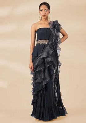 Black Hand Work Chiffon Pre Draped Saree Set