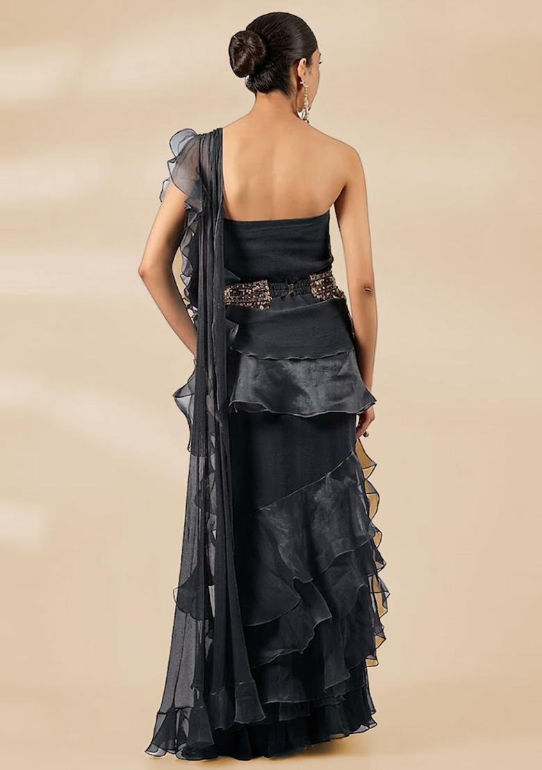 Black Hand Work Chiffon Pre Draped Saree Set - Indya