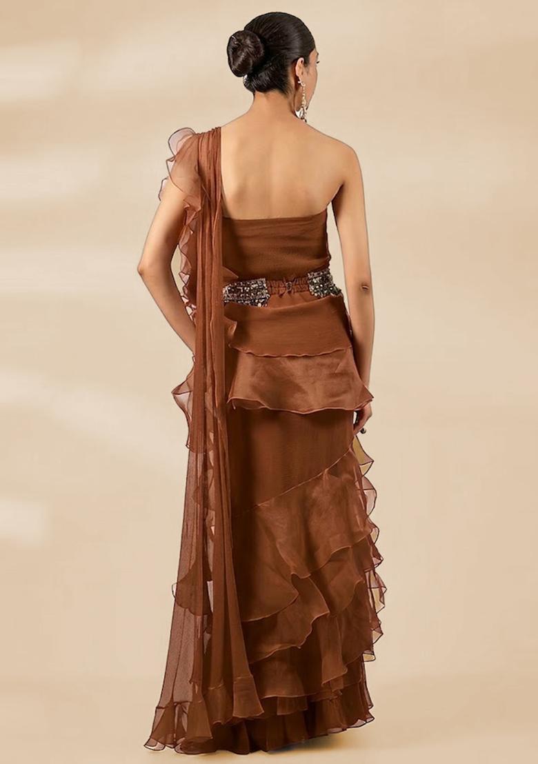 Olive Brown Hand Work Chiffon Pre Draped Saree Set - Indya