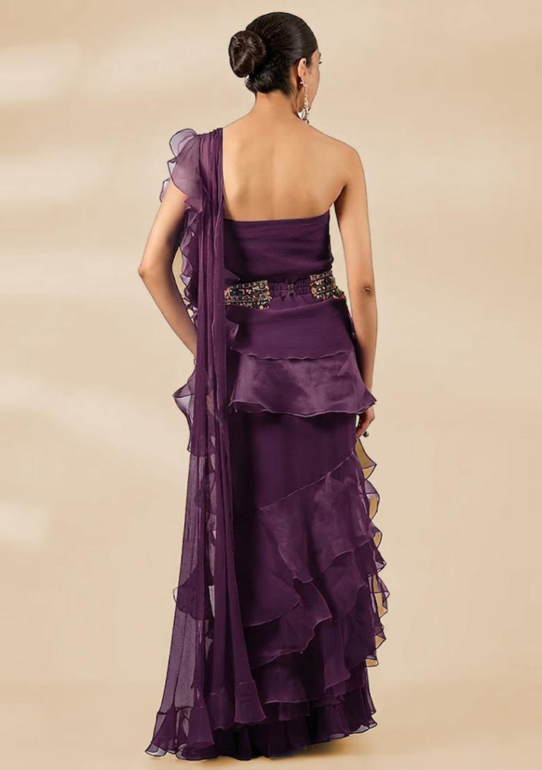 Purple Hand Work Chiffon Pre Draped Saree Set - Indya