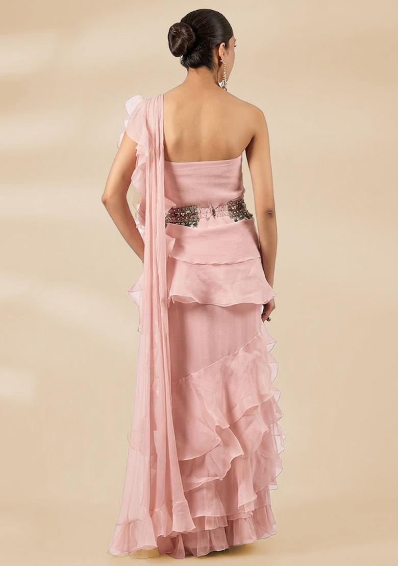 Soft Pink Hand Work Chiffon Pre Draped Saree Set - Indya