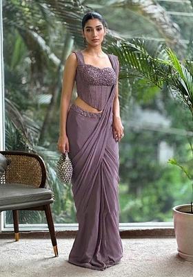 Mauve Hand Work Satin Pre Draped Saree Set