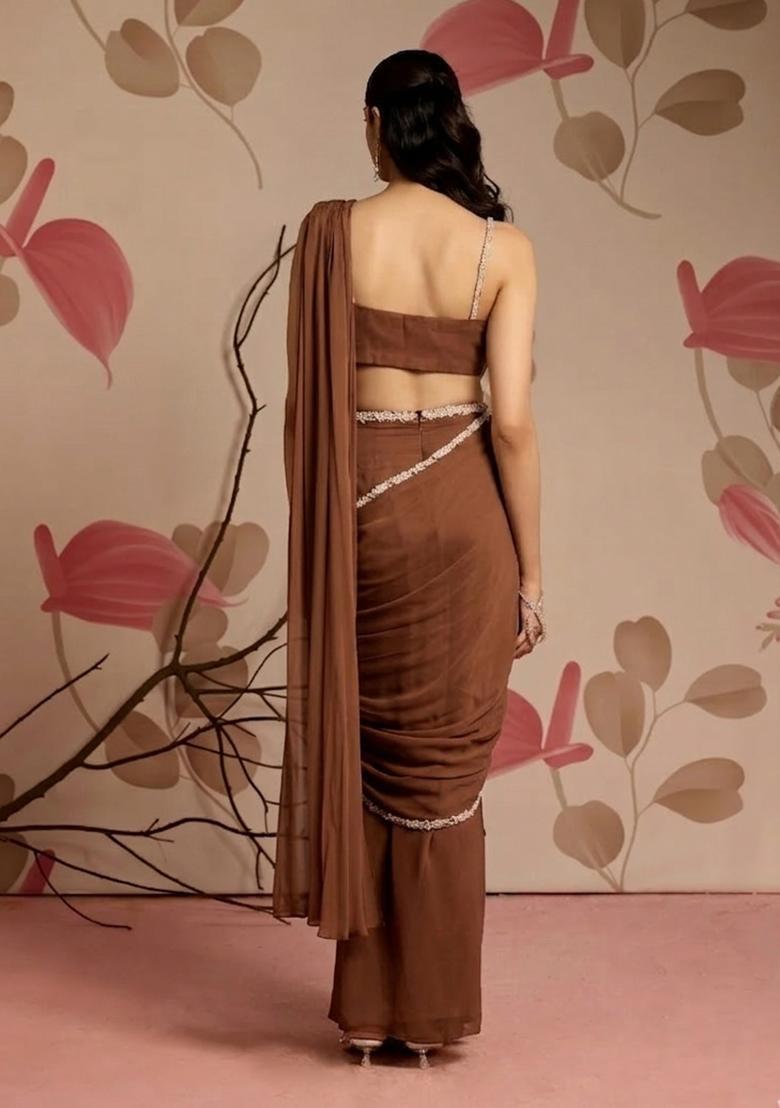 Brown Hand Work Georgette Pre Draped Saree Set - Indya