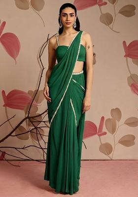 Bottle Green Hand Work Georgette Pre Draped Saree Set