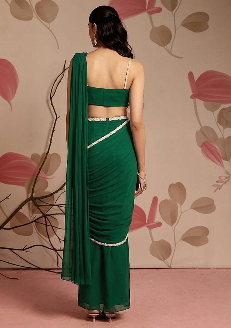 Bottle Green Hand Work Georgette Pre Draped Saree Set - Indya