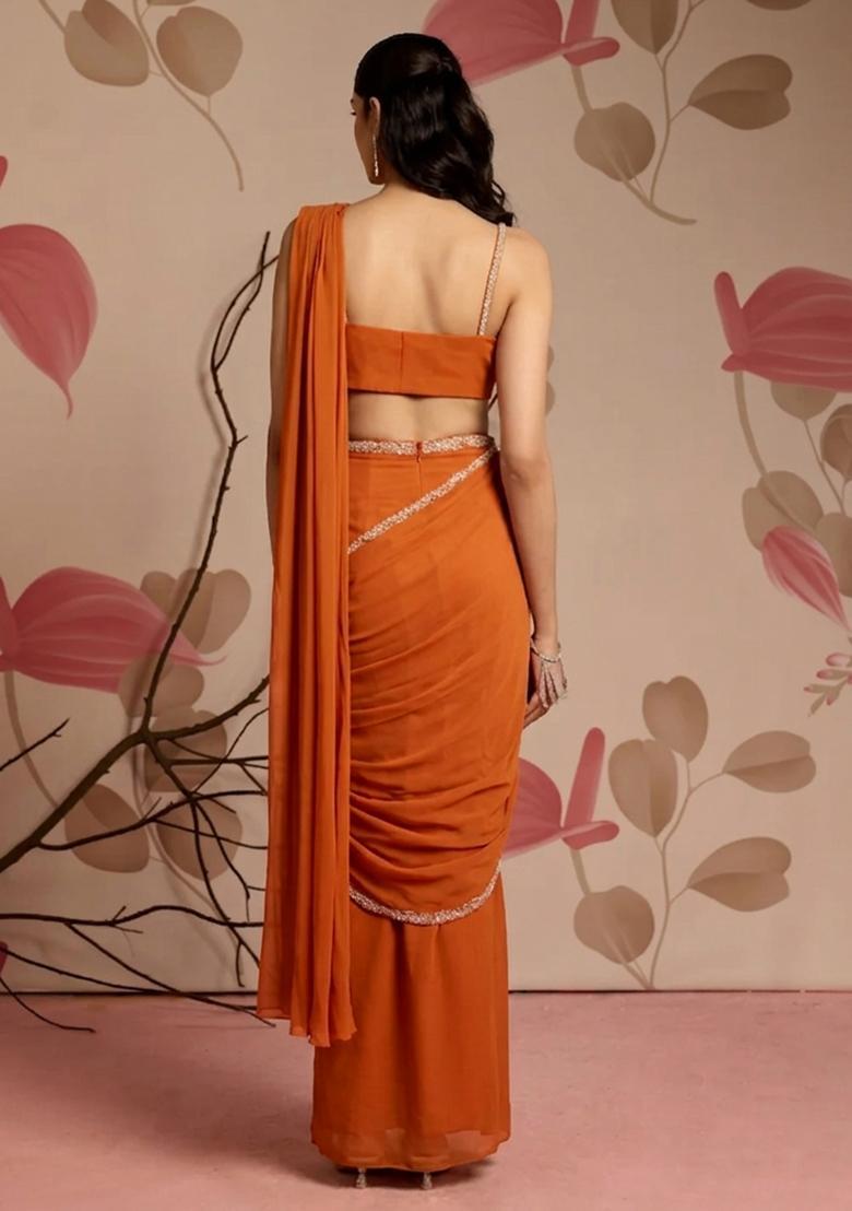 Orange Hand Work Georgette Pre Draped Saree Set - Indya