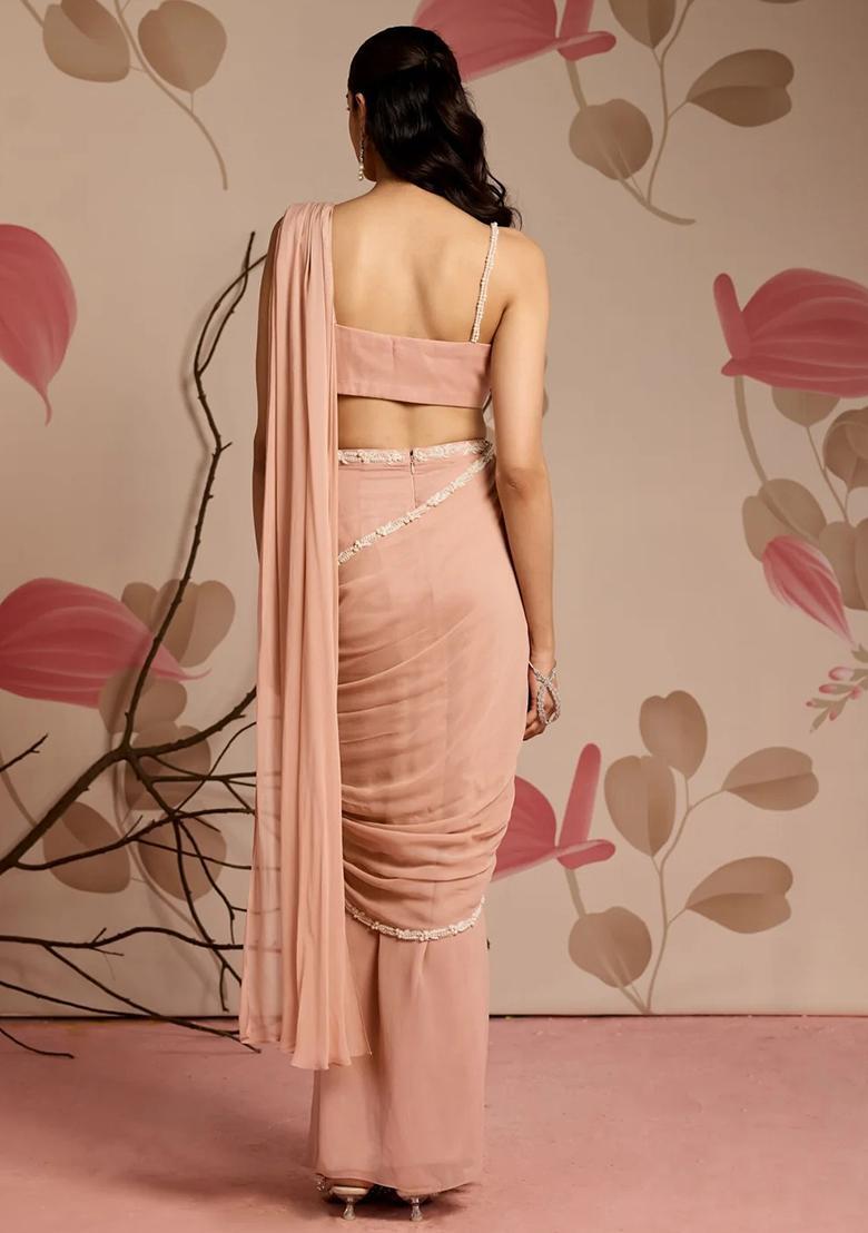 Peach Hand Work Georgette Pre Draped Saree Set - Indya