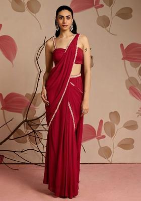 Rani Pink Hand Work Georgette Pre Draped Saree Set