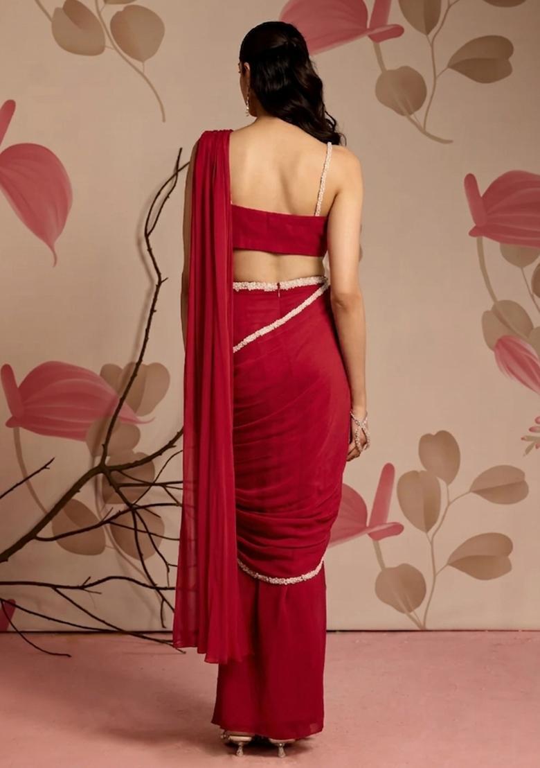 Rani Pink Hand Work Georgette Pre Draped Saree Set - Indya