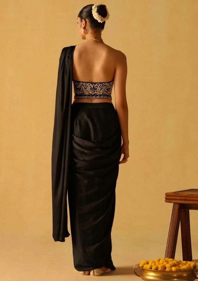 Jet Black Hand Work Crepe Pre Draped Saree Set - Indya