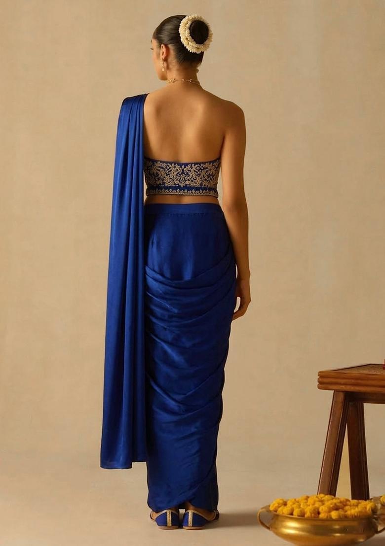 Royal Blue Hand Work Crepe Pre Draped Saree Set - Indya