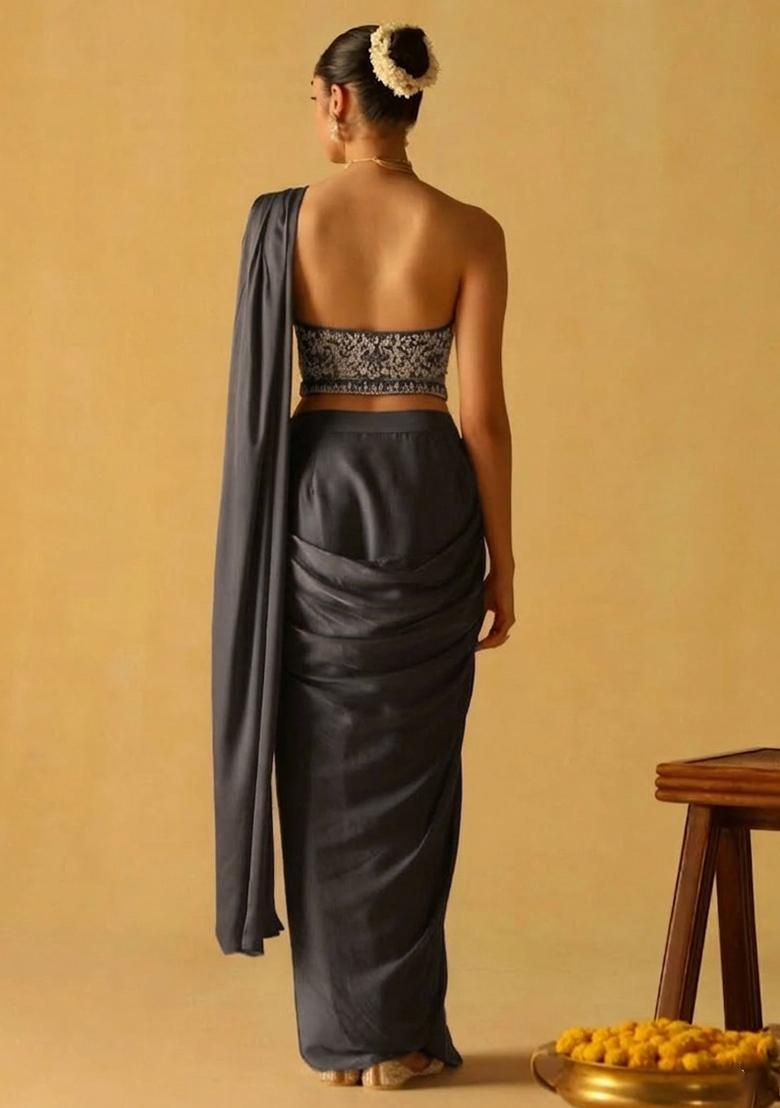 Grey Hand Work Crepe Pre Draped Saree Set - Indya