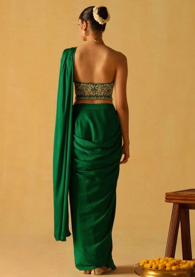 Bottle Green Hand Work Crepe Pre Draped Saree Set - Indya
