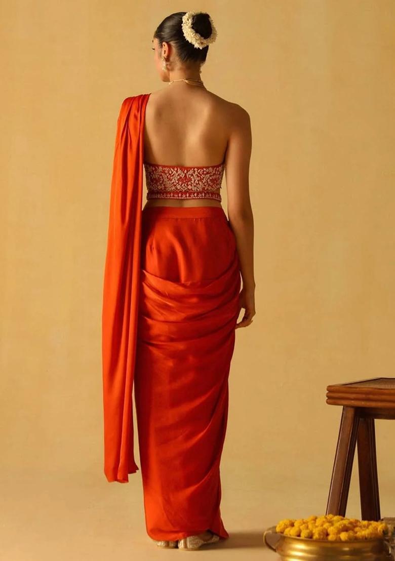 Orange Hand Work Crepe Pre Draped Saree Set - Indya